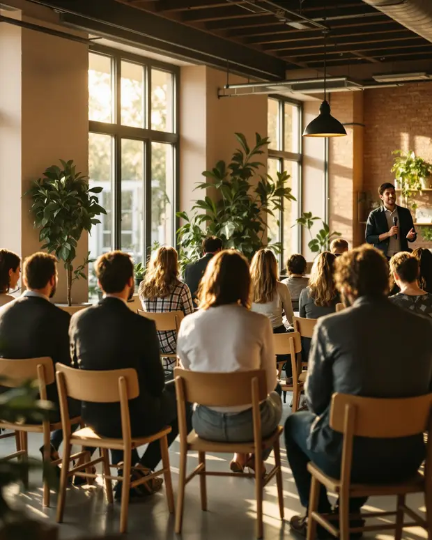 People seated for a talk in a brick-walled, plant-filled coworking space