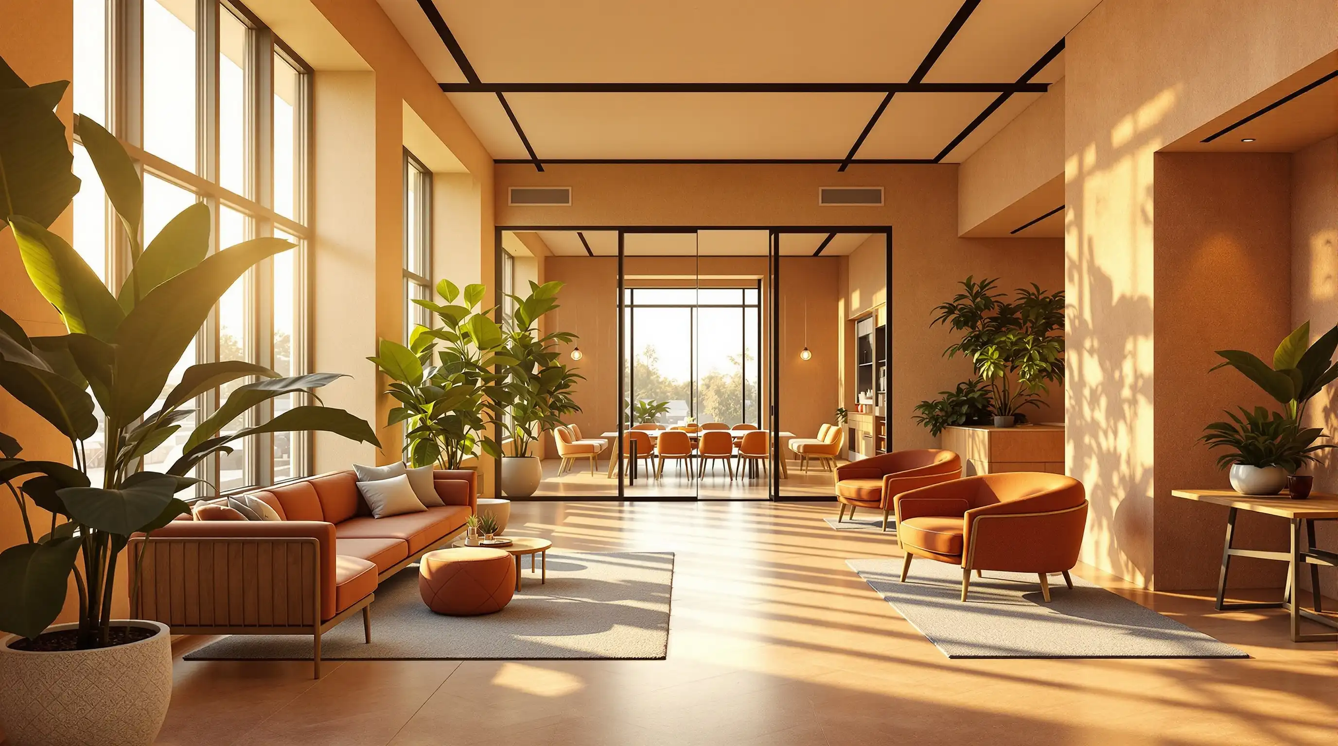 A sunlit coworking lounge with terracotta sofas, tall plants and floor-to-ceiling windows