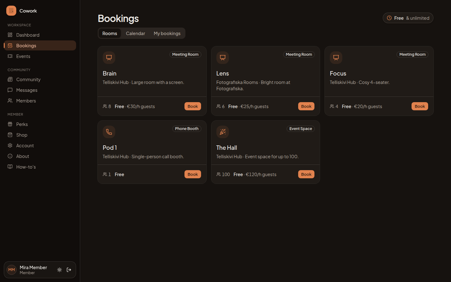 The bookings calendar in week view
