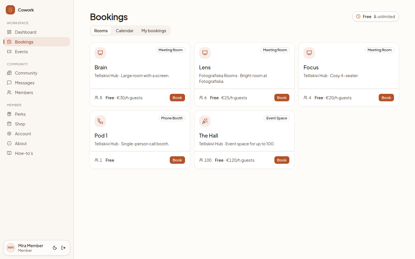 The bookings calendar in week view