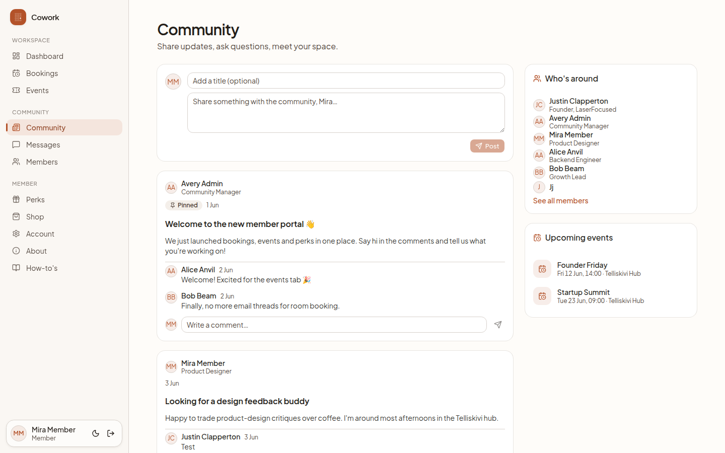 The community feed with member posts and comments
