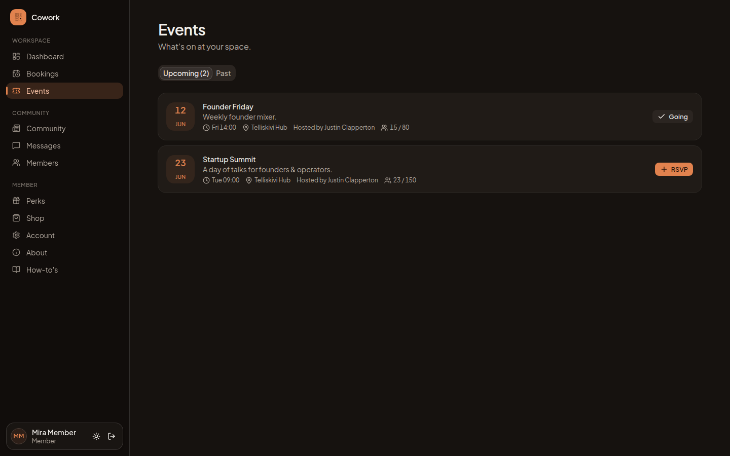 The events list in the member portal: upcoming events with dates, locations and one-click RSVP