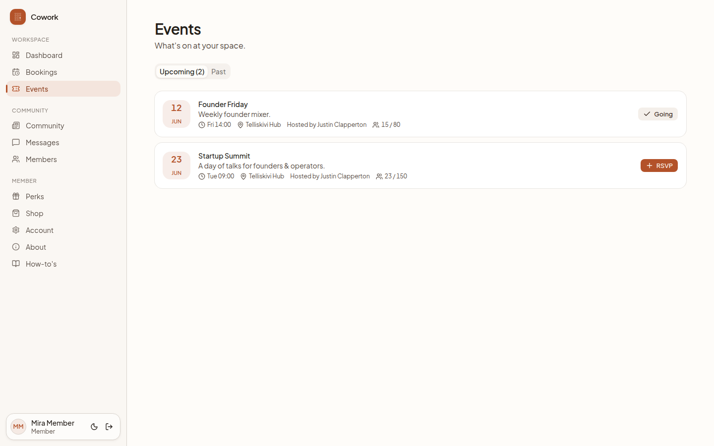 The events list in the member portal: upcoming events with dates, locations and one-click RSVP