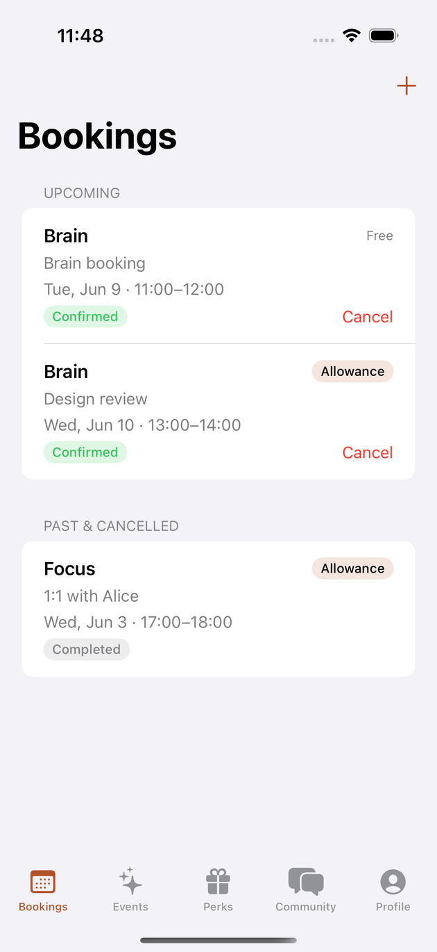 Upcoming and past room bookings in the iOS app