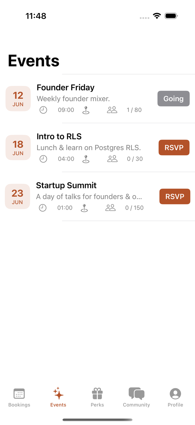 The events list in the iOS app with RSVP buttons and capacity
