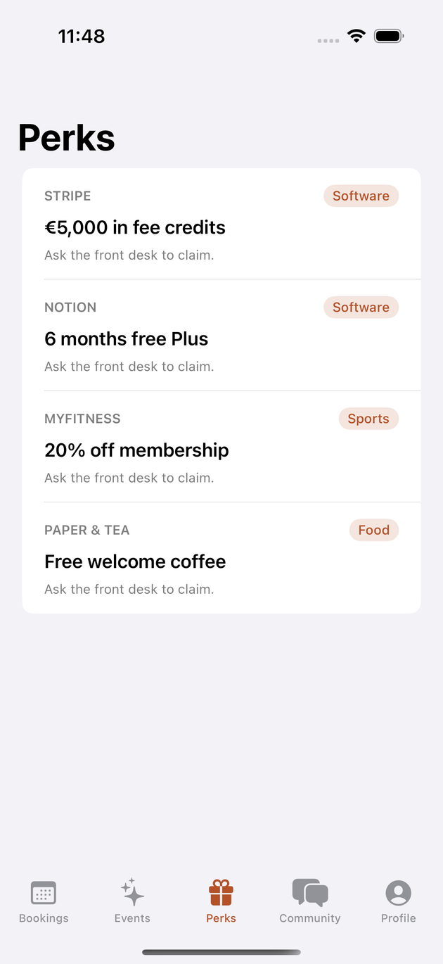 The perks list in the iOS app